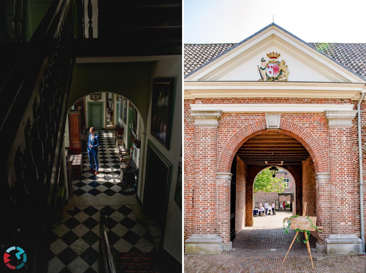 Bruidsfoto van bruid in de gang van Kasteel Heeze