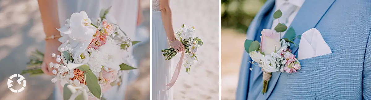 Pastelkleurige bruidsboeket en corsage met romantische delicate bloemen.