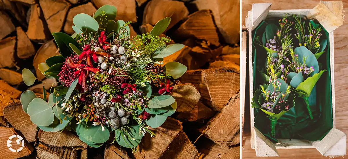 Winters bruidsboeket en corsage voor rond de Kersdagen.