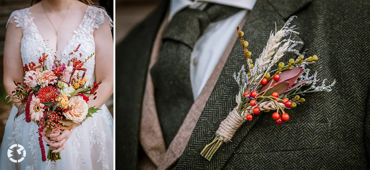 Herfst bruidsboeket en corsage met roze en warmrode tinten met natuurlijke elementen.