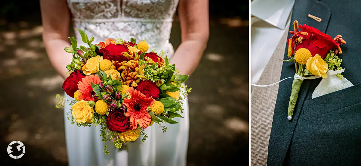 Bruidsboeket en corsage met gele, oranje en rode bloemen voor een bruiloft in de lente.