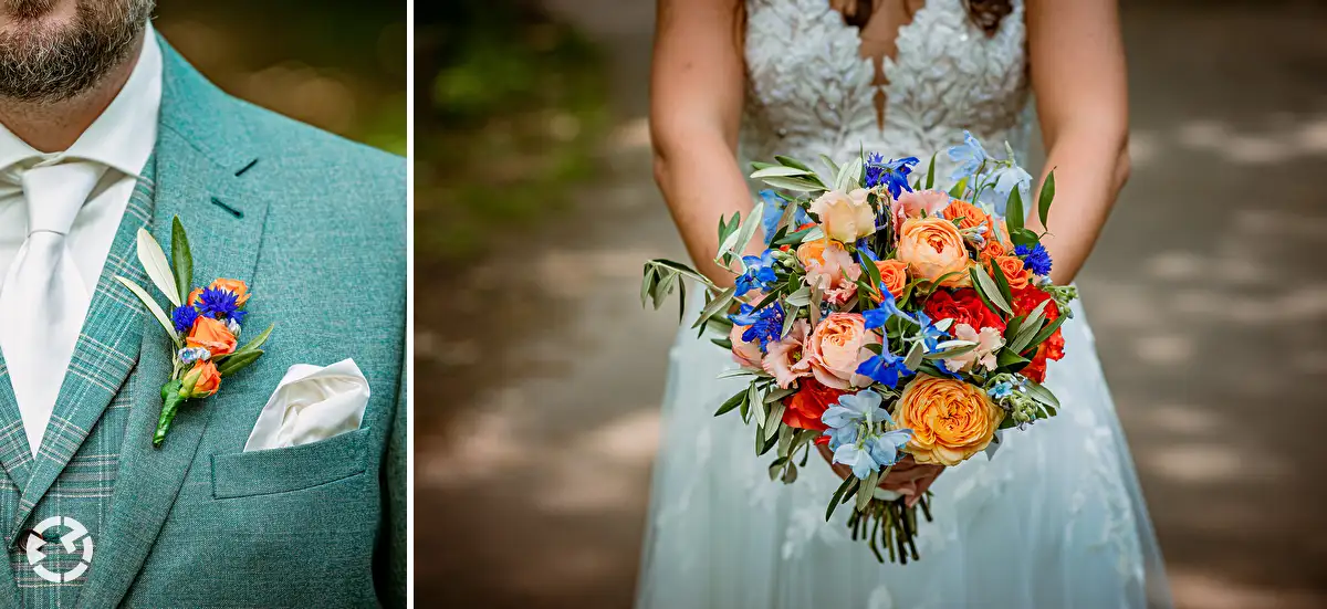 Kleurrijke corsage en bruidsboeket met speelse kleuren voor een zomerbruiloft.