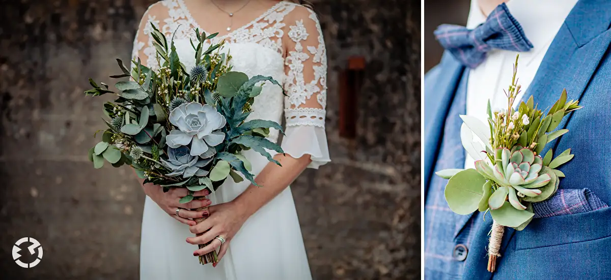 Boho Bruidsboeket en bijpassende corsage in verschillende kleuren groen blad en bloem.