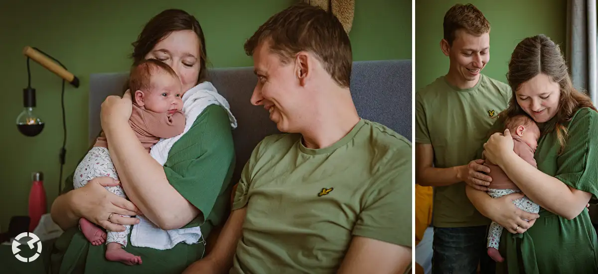 Ouders knuffelen met hun baby tijdens een fotoshoot.