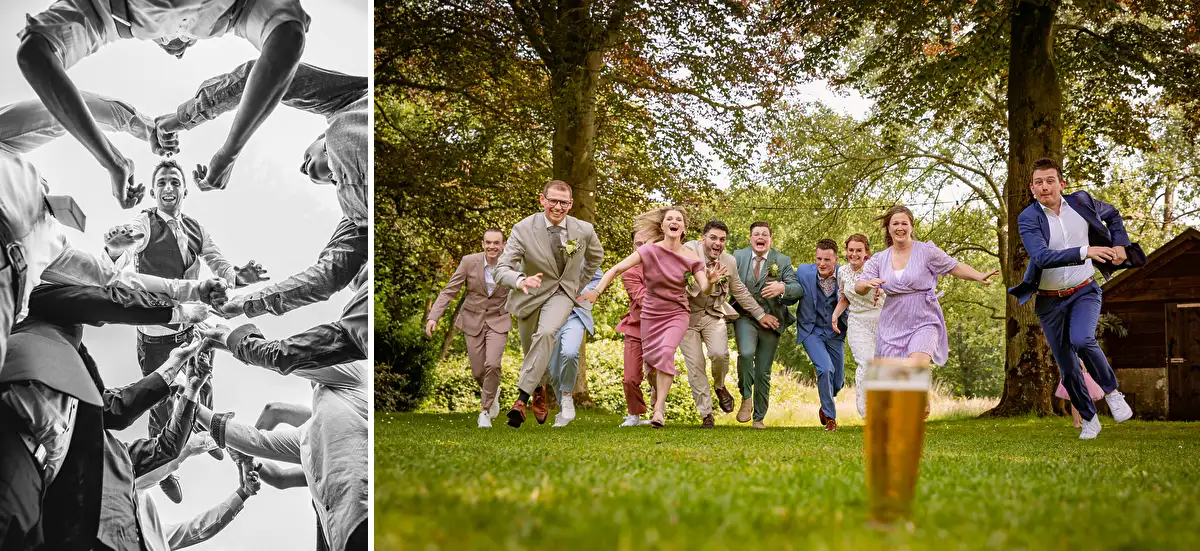 Spontane groepsfoto's met vrienden van het bruidspaar.