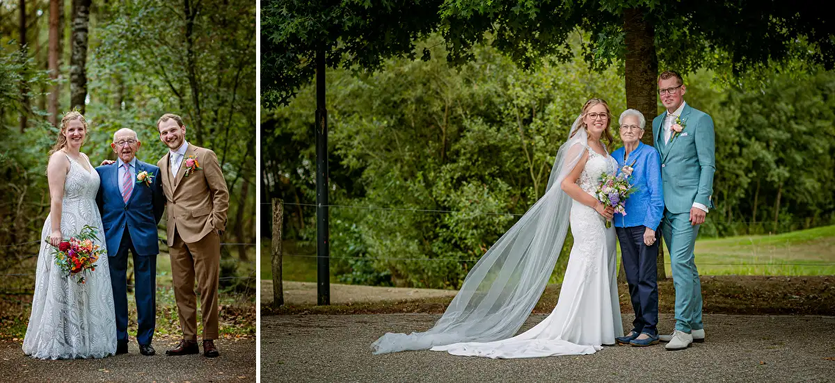 Bruidspaar poseert met opa en met oma tijdens de groepsfoto's