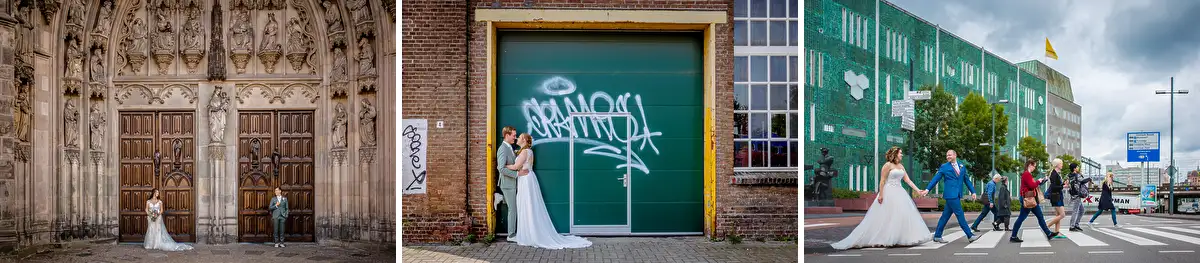 Verschillende foto's van een bruidsreportage een stad.