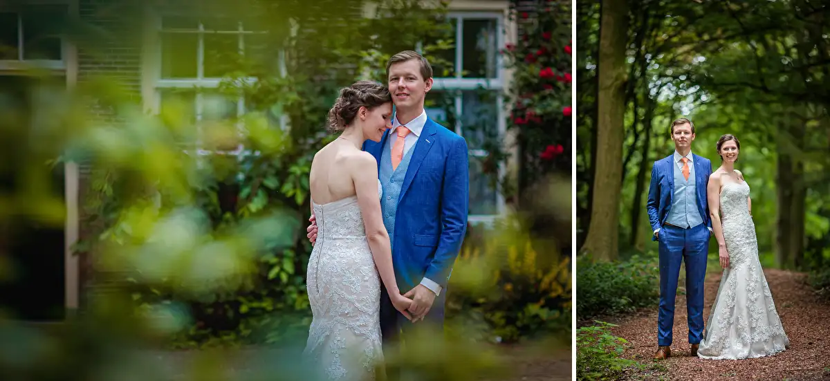 Bruidsfotoreportage in de stad op groene plekjes in Delft.