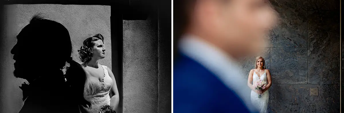 Creatieve beelden van bruidspaar in een stad door gebruik van lijnen en schaduw.