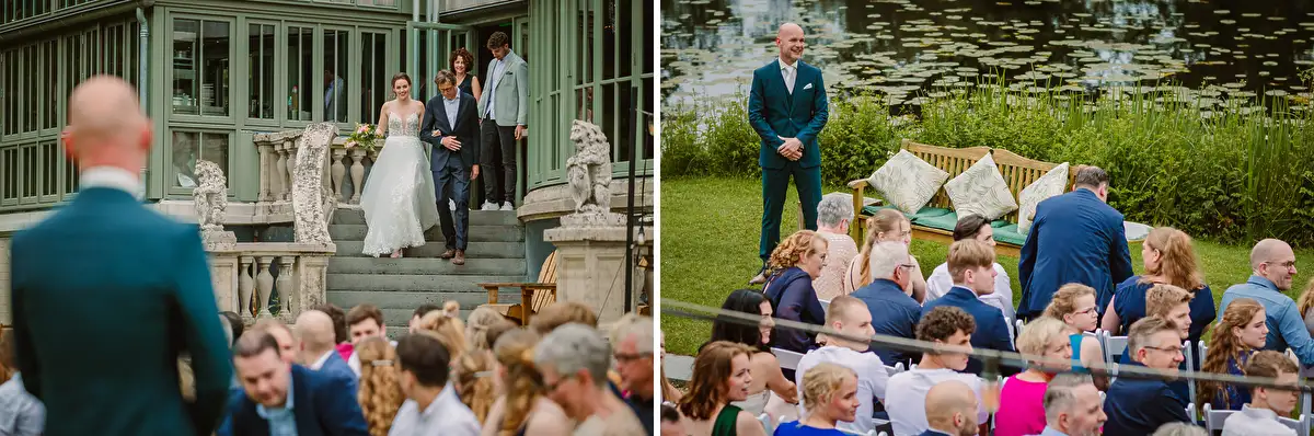 Bruidspaar heeft hun eerste ontmoeting net voor de ceremonie in een kasteeltuin.