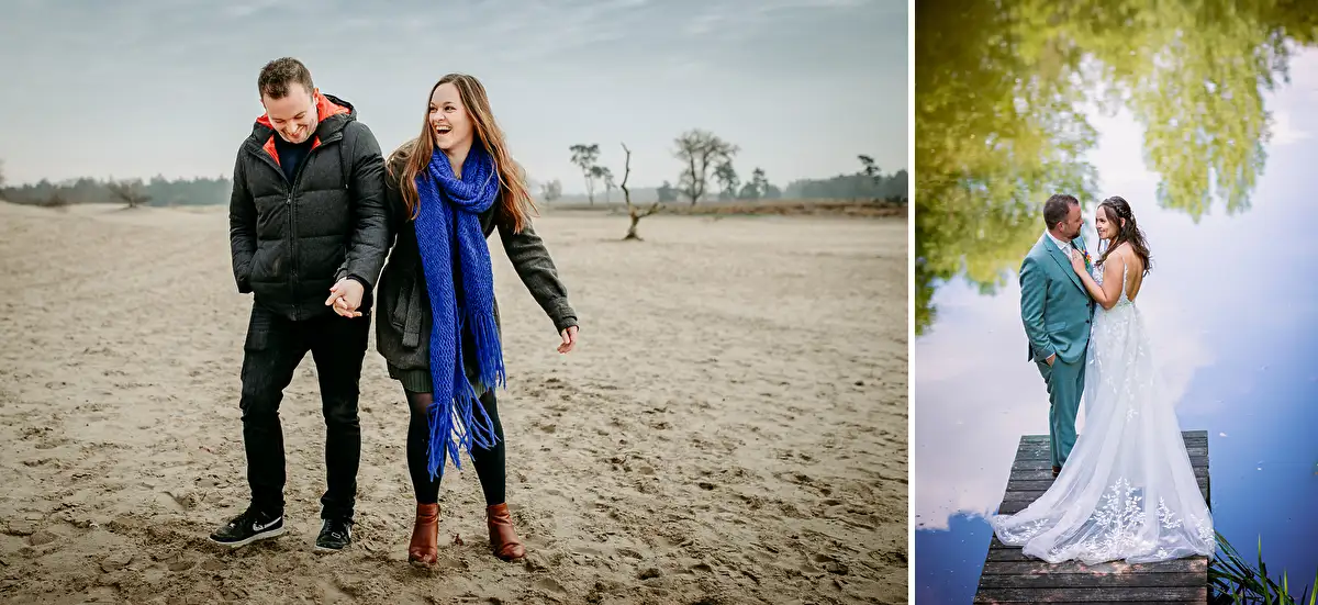 Twee foto's, een van stel tijdens love shoot de andere tijdens hun bruiloft.