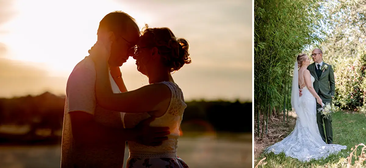Verliefd stel bij zonsondergang en tijdens bruidsfotoshoot.